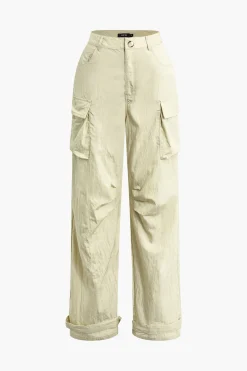 MICAS Pants-Flap Pocket Belted Ruched Straight Leg Pants IVORY