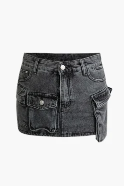 MICAS Skirts-Flap Pocket Denim Skirt BLACK