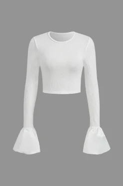 MICAS Long Sleeve Tops|Long Sleeves Tops-Flared Cuff Textured Long Sleeve Crop Top WHITE