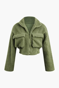 MICAS Pant Sets-Fleece Collar Flap Pocket Zip Up Long Sleeve Top And Straight Leg Cargo Pants Set