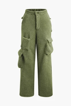 MICAS Pant Sets-Fleece Collar Flap Pocket Zip Up Long Sleeve Top And Straight Leg Cargo Pants Set