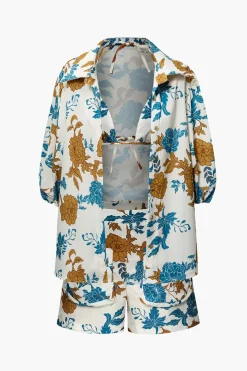 MICAS Short Sets-Floral Bra Top And Pocket Shorts And Shirt 3PC Set MULTICOLOR