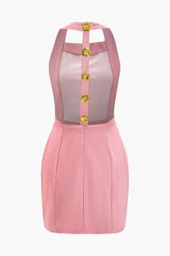 MICAS Mini Dresses-Floral Button Halter Neck Backless Mini Dress PINK