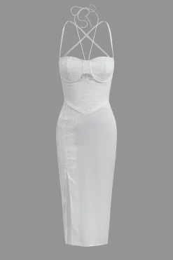 MICAS Midi Dresses-Floral Embroider Lace Crossed Backless Bustier Midi Dress WHITE