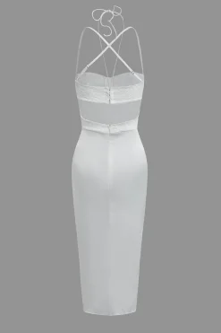 MICAS Midi Dresses-Floral Embroider Lace Crossed Backless Bustier Midi Dress WHITE