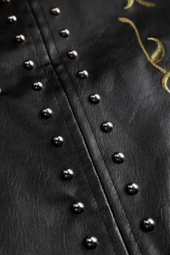 MICAS Outerwear|Outerwear-Floral Embroidery Faux Leather Zipper Long Sleeve Jacket BLACK