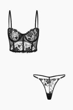 MICAS Lingerie & Sleepwear-Floral Embroidery Sheer Cami Top And Panties Set