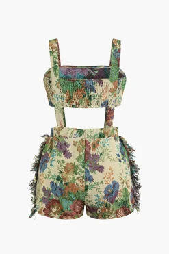 MICAS Short Sets|Vacation Sets-Floral Pattern Fringe Tube Top And Pocket Shorts Set KHAKI