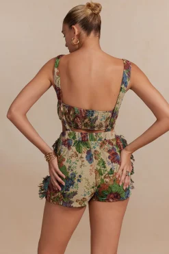 MICAS Short Sets|Vacation Sets-Floral Pattern Fringe Tube Top And Pocket Shorts Set KHAKI