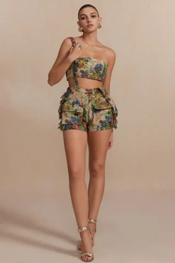 MICAS Short Sets|Vacation Sets-Floral Pattern Fringe Tube Top And Pocket Shorts Set KHAKI