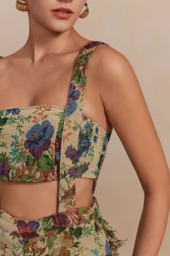 MICAS Short Sets|Vacation Sets-Floral Pattern Fringe Tube Top And Pocket Shorts Set KHAKI