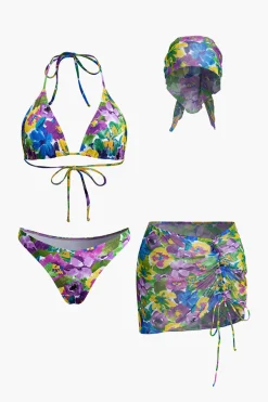 MICAS Swimwear-Floral Print Bikini Set With Matching Skirt Cover Up And Headscarf PURPLE