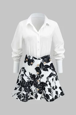 MICAS Skirt Sets-Floral Print Buttoned Long-Sleeve Shirt And Skirt Set WHITE