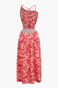 MICAS Midi Dresses-Floral Print Criss Cross Backless Slit Midi Dress
