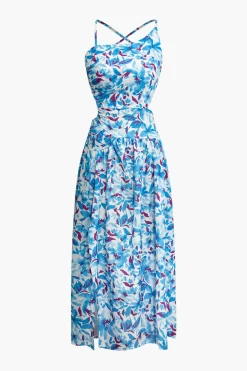 MICAS Midi Dresses-Floral Print Criss Cross Backless Slit Midi Dress