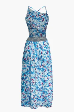 MICAS Midi Dresses-Floral Print Criss Cross Backless Slit Midi Dress