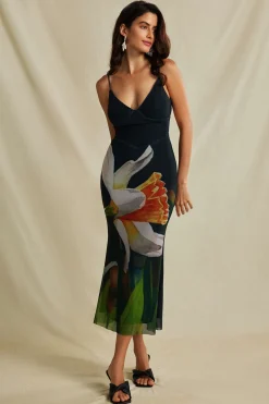 MICAS Midi Dresses-Floral Print Crisscross Back Mesh Slip Midi Dress BLACK