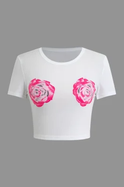 MICAS T-Shirts-Floral Print Crop T-shirt WHITE