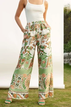 MICAS Pants-Floral Print Drawstring Slit Wide Leg Pants Contrast Color