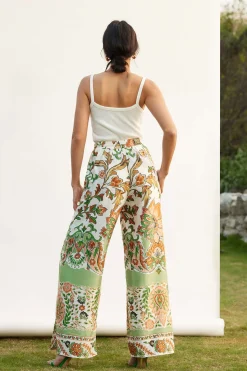 MICAS Pants-Floral Print Drawstring Slit Wide Leg Pants Contrast Color