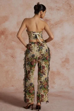 MICAS Pant Sets|Vacation Sets-Floral Print Fringe Tie Back Tube Top And Button Pocket Trouser Set MULTICOLOR