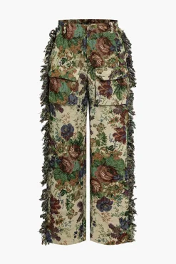 MICAS Pant Sets|Vacation Sets-Floral Print Fringe Tie Back Tube Top And Button Pocket Trouser Set MULTICOLOR