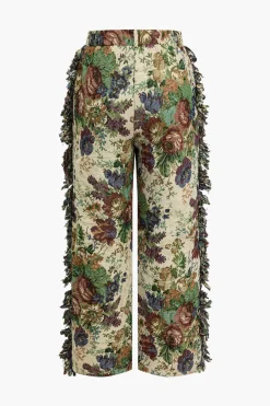 MICAS Pant Sets|Vacation Sets-Floral Print Fringe Tie Back Tube Top And Button Pocket Trouser Set MULTICOLOR