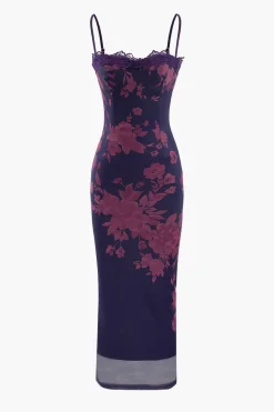 MICAS Maxi Dresses-Floral Print Lace Trim Slit Maxi Dress PLUM