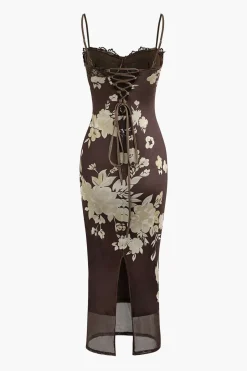 MICAS Maxi Dresses-Floral Print Lace Trim Slit Maxi Dress PLUM