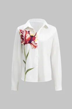 MICAS Long Sleeve Tops|Long Sleeves Tops-Floral Print Long-Sleeve Shirt WHITE