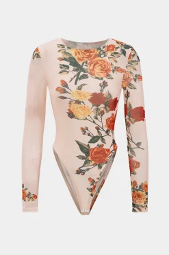 MICAS Bodysuits-Floral Print Mesh Long Sleeve Bodysuit NUDE