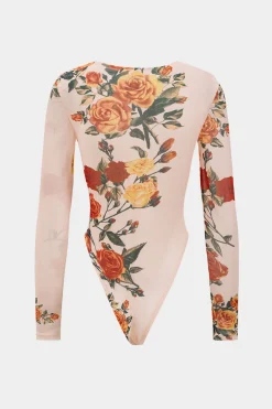MICAS Bodysuits-Floral Print Mesh Long Sleeve Bodysuit NUDE