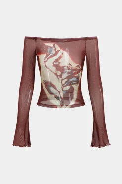 MICAS Long Sleeve Tops|Long Sleeves Tops-Floral Print Mesh Off-Shoulder Long Sleeve Top RUST