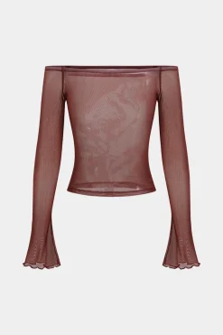 MICAS Long Sleeve Tops|Long Sleeves Tops-Floral Print Mesh Off-Shoulder Long Sleeve Top RUST