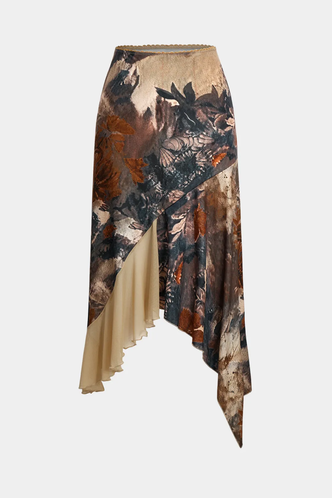 MICAS Skirts-Floral Print Mesh Patchwork Asymmetric Hem Skirt WHEAT