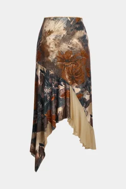 MICAS Skirts-Floral Print Mesh Patchwork Asymmetric Hem Skirt WHEAT