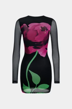 MICAS Long Sleeve Dresses|Mini Dresses-Floral Print Mesh Round Neck Long Sleeve Mini Dress BLACK