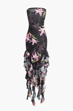 MICAS Maxi Dresses-Floral Print Mesh Ruffle Layered Strapless Midi Dress BLACK