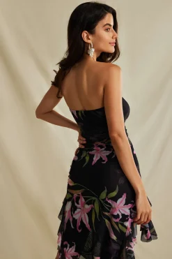 MICAS Maxi Dresses-Floral Print Mesh Ruffle Layered Strapless Midi Dress BLACK