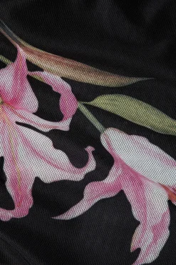 MICAS Maxi Dresses-Floral Print Mesh Ruffle Layered Strapless Midi Dress BLACK