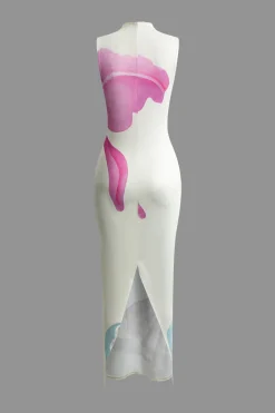 MICAS Maxi Dresses-Floral Print Mock Neck Slit Sleeveless Maxi Dress WHITE