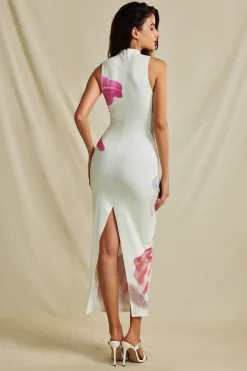 MICAS Maxi Dresses-Floral Print Mock Neck Slit Sleeveless Maxi Dress WHITE