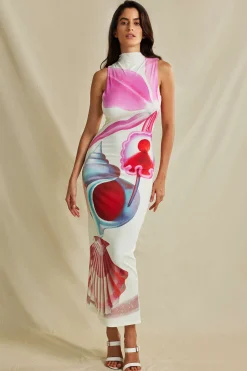 MICAS Maxi Dresses-Floral Print Mock Neck Slit Sleeveless Maxi Dress WHITE