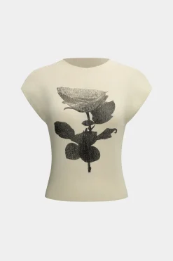 MICAS T-Shirts-Floral Print Round Neck Short Sleeve T-Shirt BEIGE