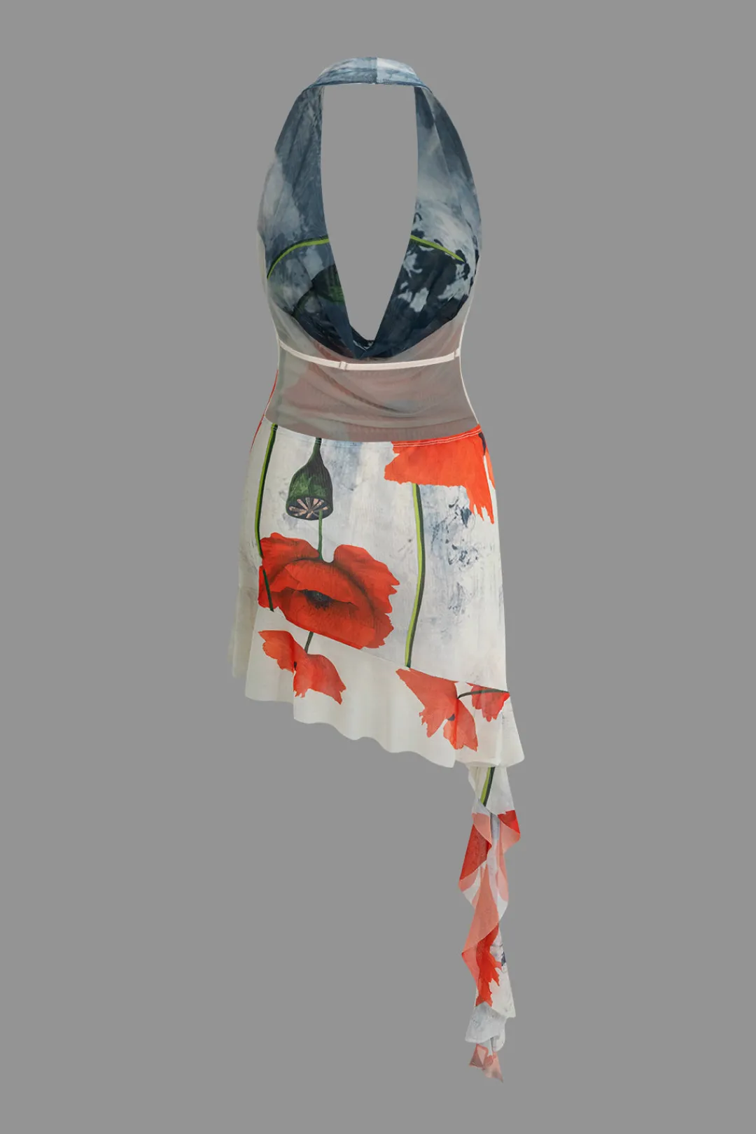 MICAS Mini Dresses-Floral Print Ruffle Backless V-neck Halter Mini Dress Contrast Color