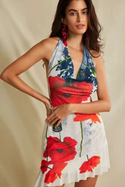 MICAS Mini Dresses-Floral Print Ruffle Backless V-neck Halter Mini Dress Contrast Color