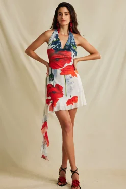 MICAS Mini Dresses-Floral Print Ruffle Backless V-neck Halter Mini Dress Contrast Color