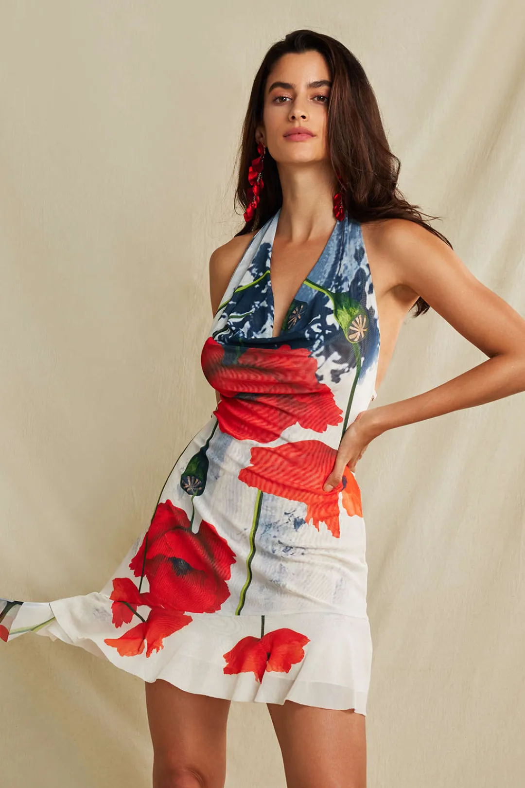 MICAS Mini Dresses-Floral Print Ruffle Backless V-neck Halter Mini Dress Contrast Color