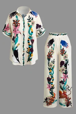 MICAS Vacation Sets|Pant Sets-Floral Print Shirt And Pants Set BEIGE