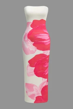 MICAS Midi Dresses-Floral Print Strapless Midi Dress